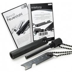 Feuerstahl mit Gehäuse aus gefräßtem Aluminium in schwarz mit Feuerstein aus Magnesium (60mm Länge) für Outdoor / Survival, Camping-Anzünder (Firesteel) mit integriertem Kompass, Magnesium-Flint 102 Gramm - Marke Ganzoo 
